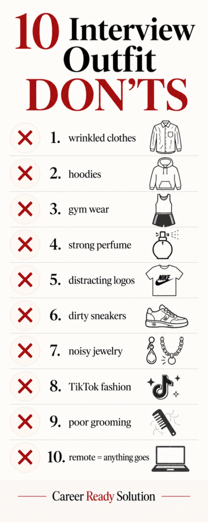 Ten interview outfit mistakes, including wrinkled clothing, casual wear, strong fragrances, distracting logos and poor grooming